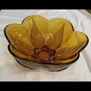 Vintage Indiana Glass Amber Leaf Embossed Bowl Scalloped Edge​​